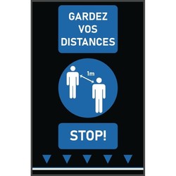 Horecaplaats.nu | Social distancing vloermat 100x65cm blauw - mensen (let op: Franse tekst en 1m)